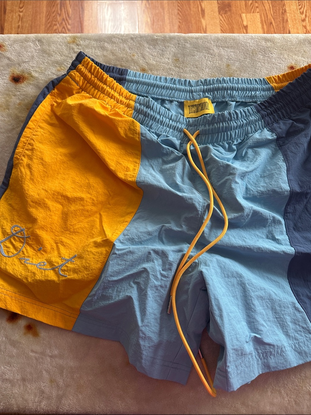Contrast Panel Swim Shorts in Yellow & Light Blue